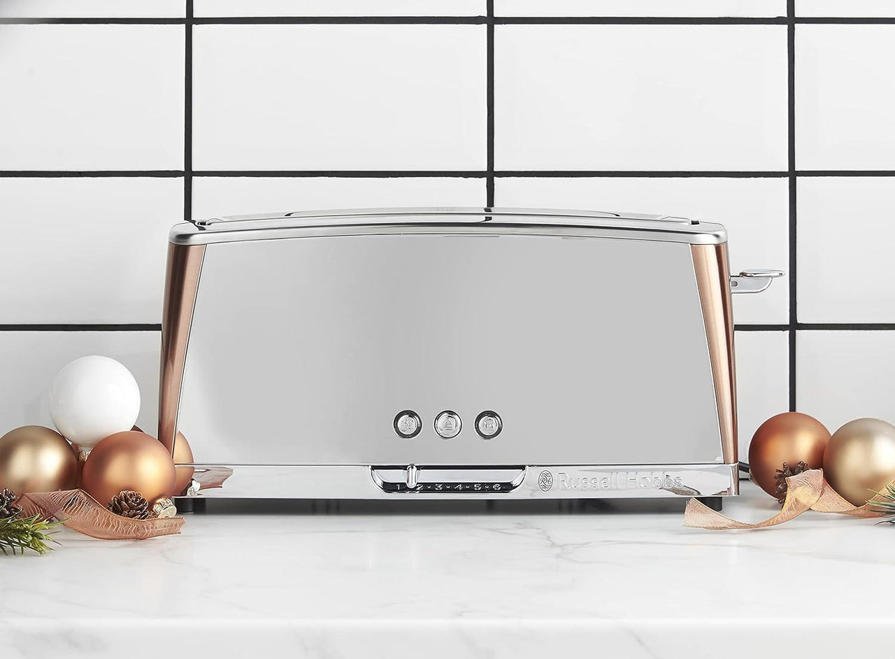 Copper 2-slice toaster front view with controls and slot opening
