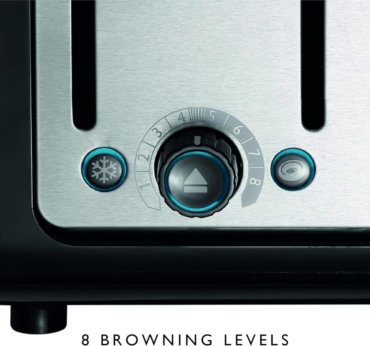 Close-up of 4-slice toaster browning control dial with blue accents and black settings