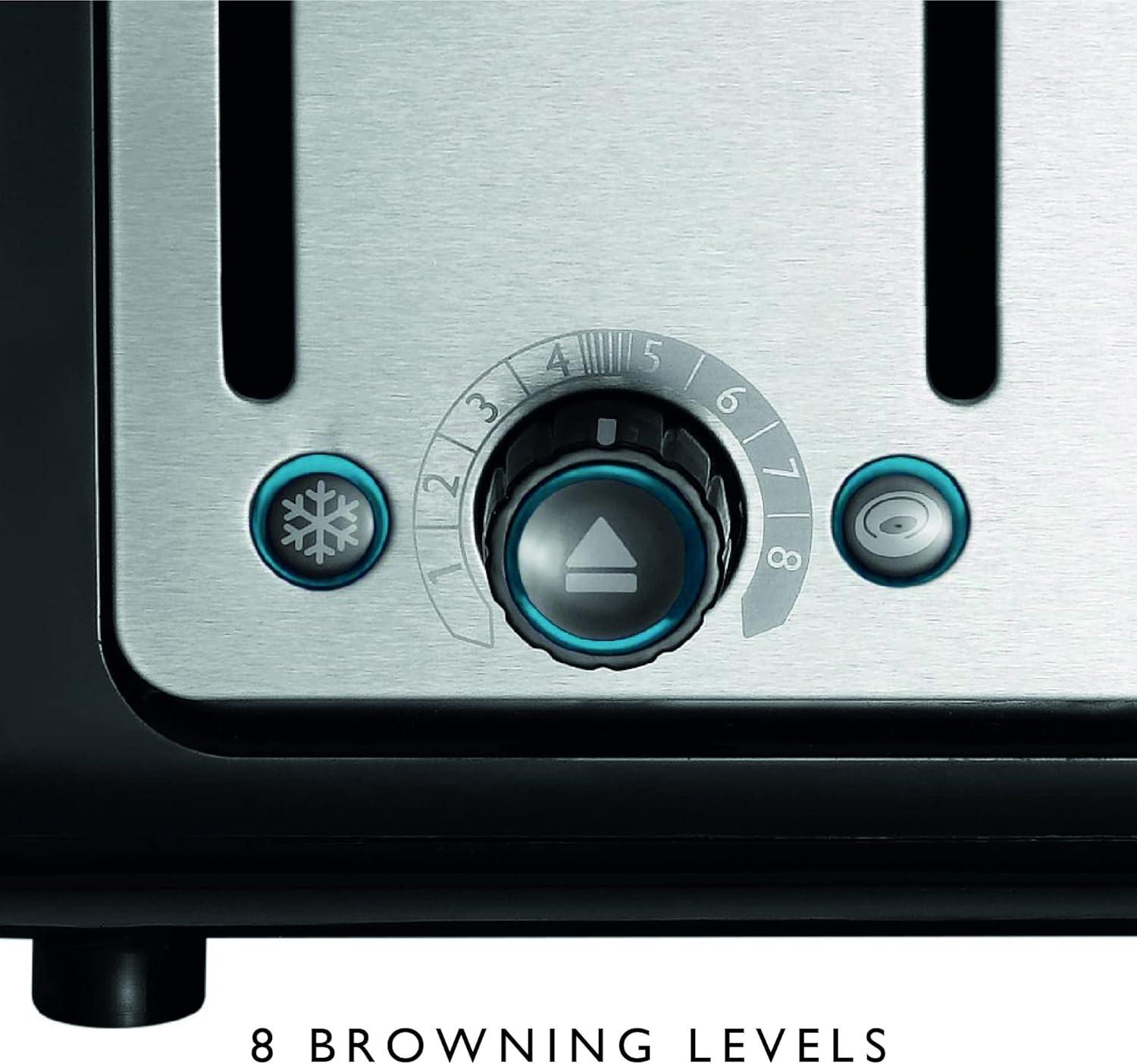 Close-up of 4-slice toaster browning control dial with blue accents and black settings