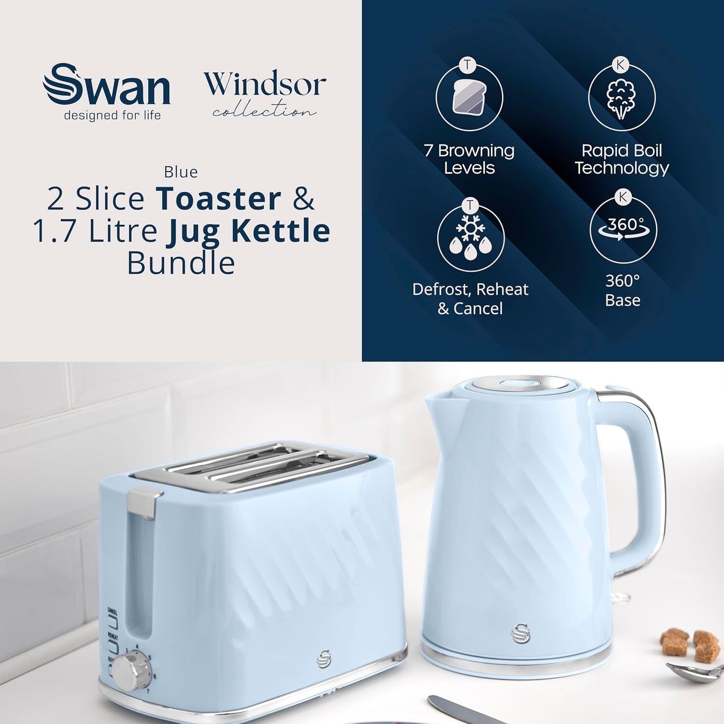 Swan Windsor Breakfast Essentials Bundle Kettle and Toaster Baby Blue EEJB431
