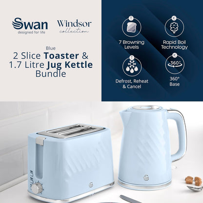 Swan Windsor Breakfast Essentials Bundle Kettle and Toaster Baby Blue EEJB431