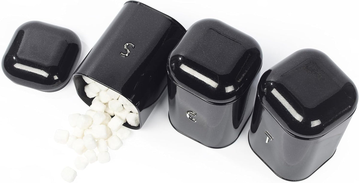 Salter Boston Kettle, 4 Slice Toaster, Bread Bin & Canisters Kitchen Set (Black)