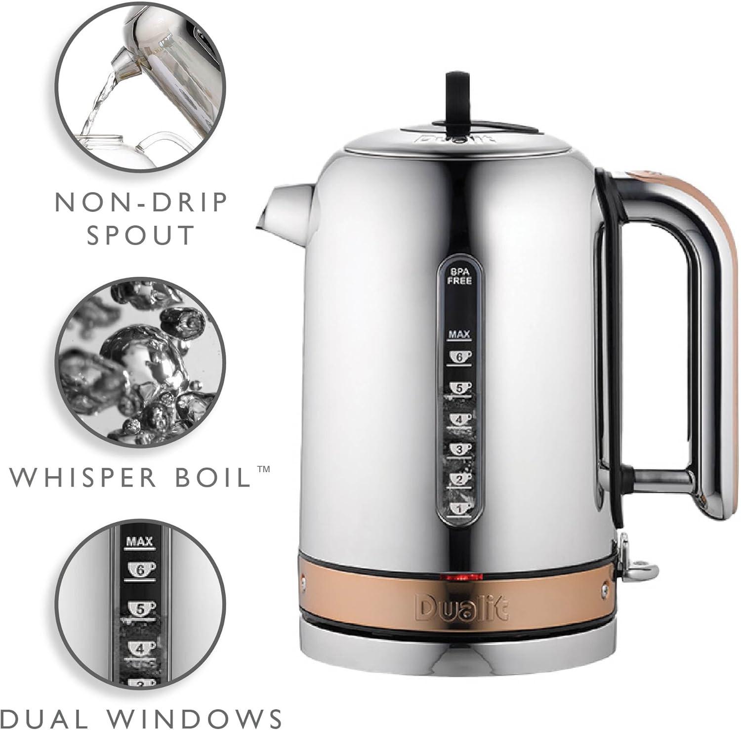 Dualit jug kettle with stainless steel body, copper trim, and spout feature callouts
