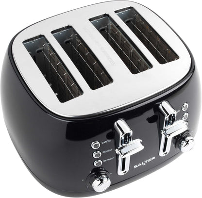 Salter Boston Kettle, 4 Slice Toaster, Bread Bin & Canisters Kitchen Set (Black)