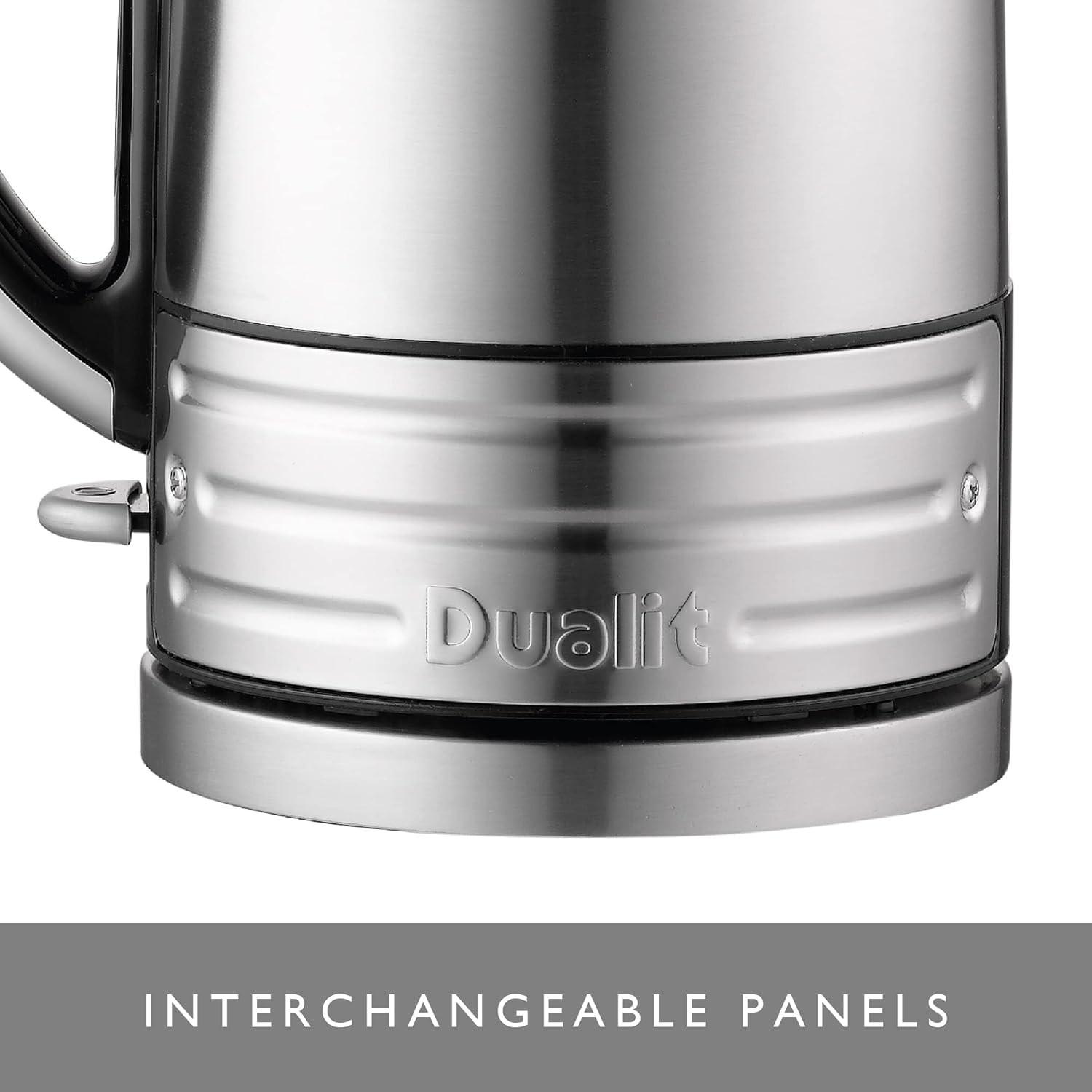 Stainless steel jug kettle with ribbed base and Dualit branding, black-trimmed edge