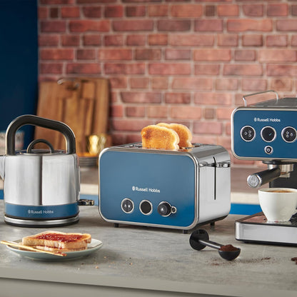 Russell Hobbs Distinctions Pyramid Kettle, 2 Slice Toaster & Microwave Kitchen Set (Ocean Blue)