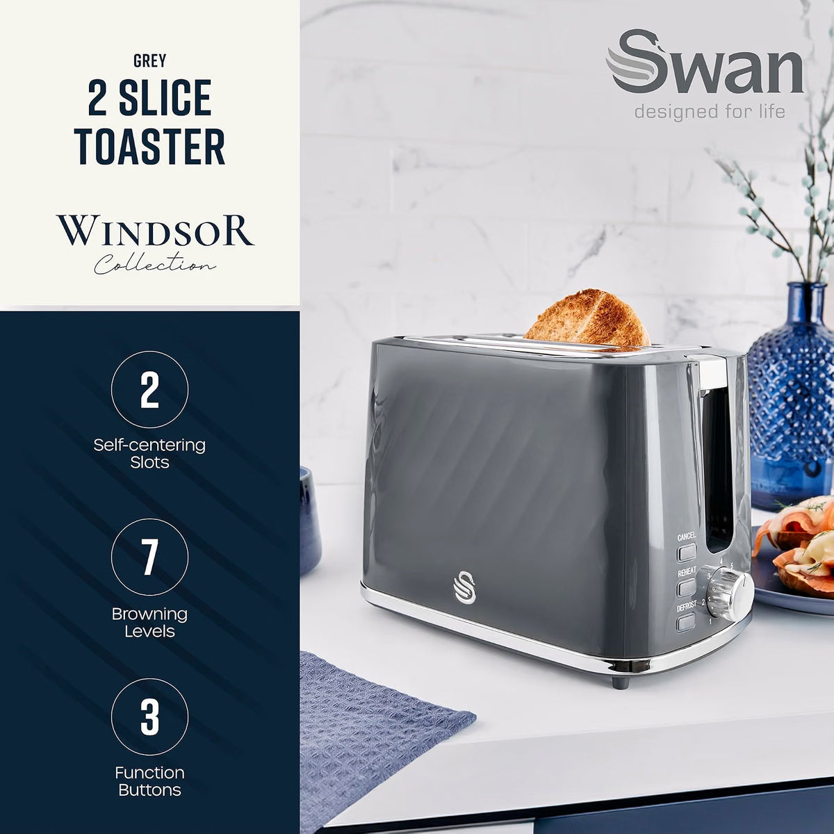 Swan Windsor Kettle, 2 Slice Toaster & Microwave Kitchen Set (Grey)