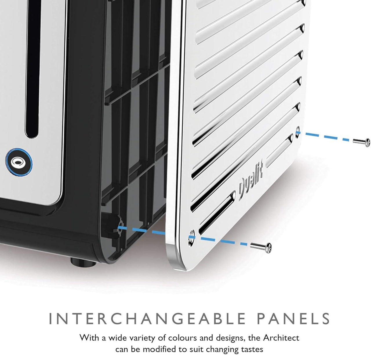 4-slice toaster with interchangeable side panels shown opened on a slanted angle