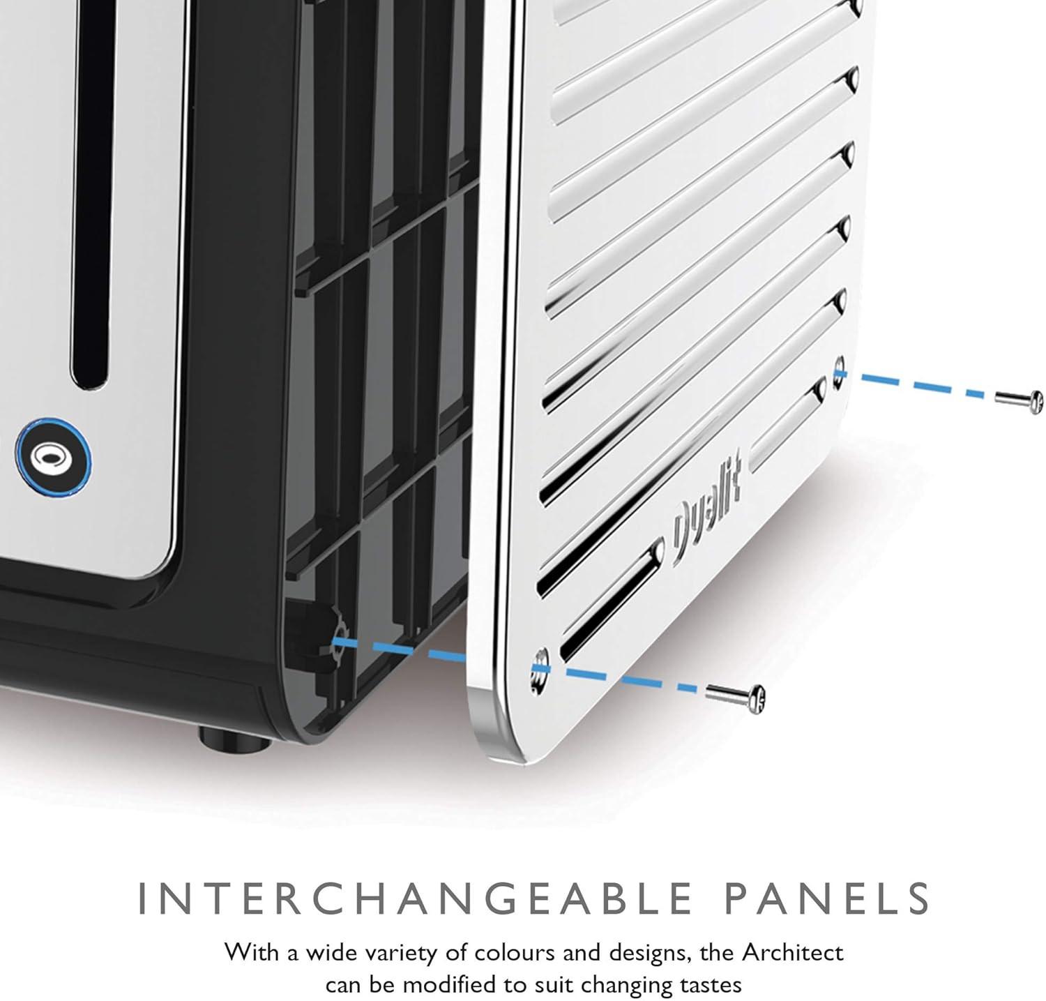 4-slice toaster with interchangeable side panels shown opened on a slanted angle