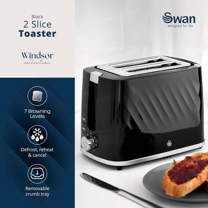 Swan Windsor Kettle, 2 Slice Toaster & Microwave Kitchen Set (Black)