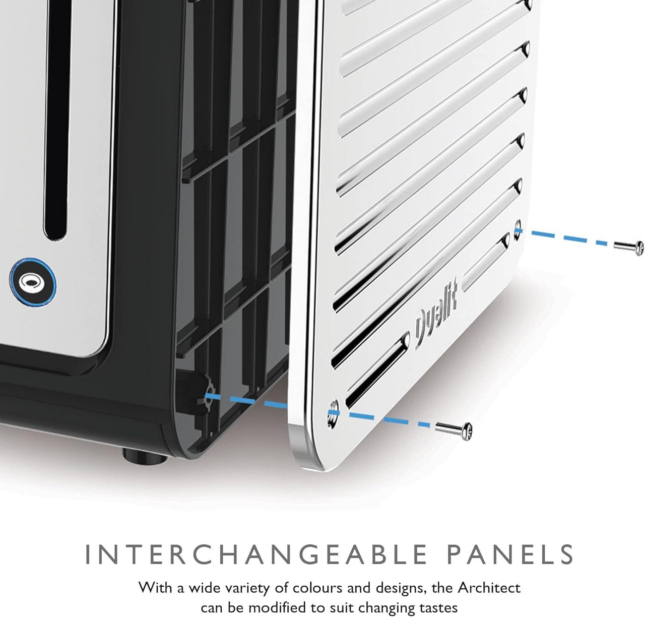 Black 2-slice toaster with front panel open, showing interchangeable panel design.
