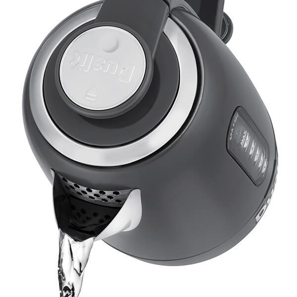 Grey electric jug kettle lid with round control cap and spout opening