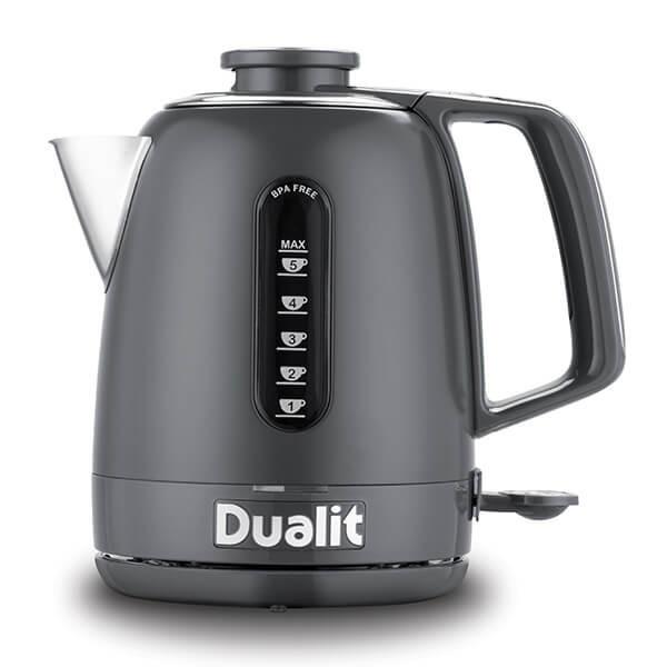 Grey Dualit electric jug kettle with handle, spout, and water level markings