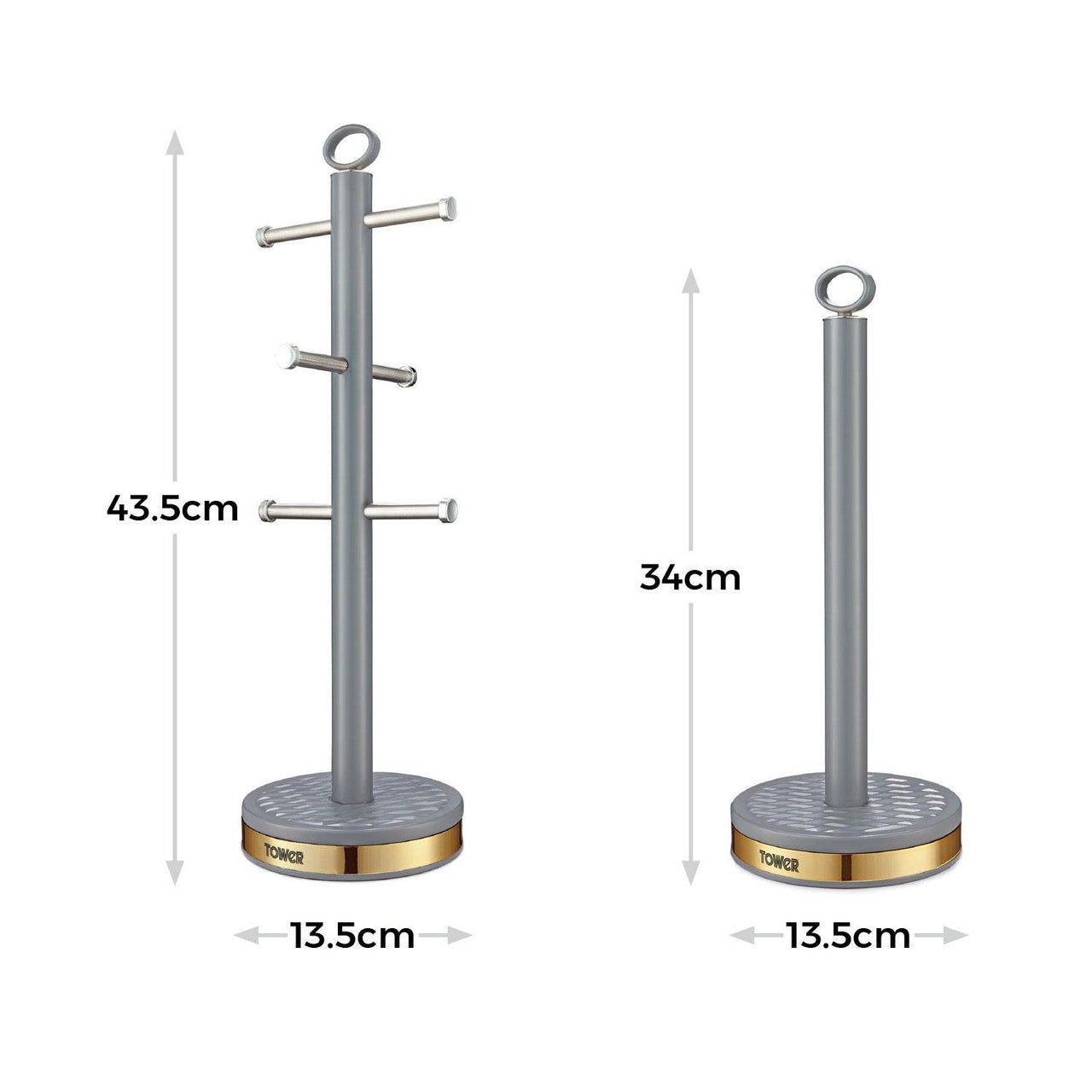 Grey mug tree and towel pole set with three bar arms and round weighted base