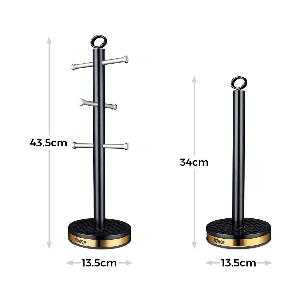 Black mug tree and towel pole set with four horizontal holders and anti-slip base