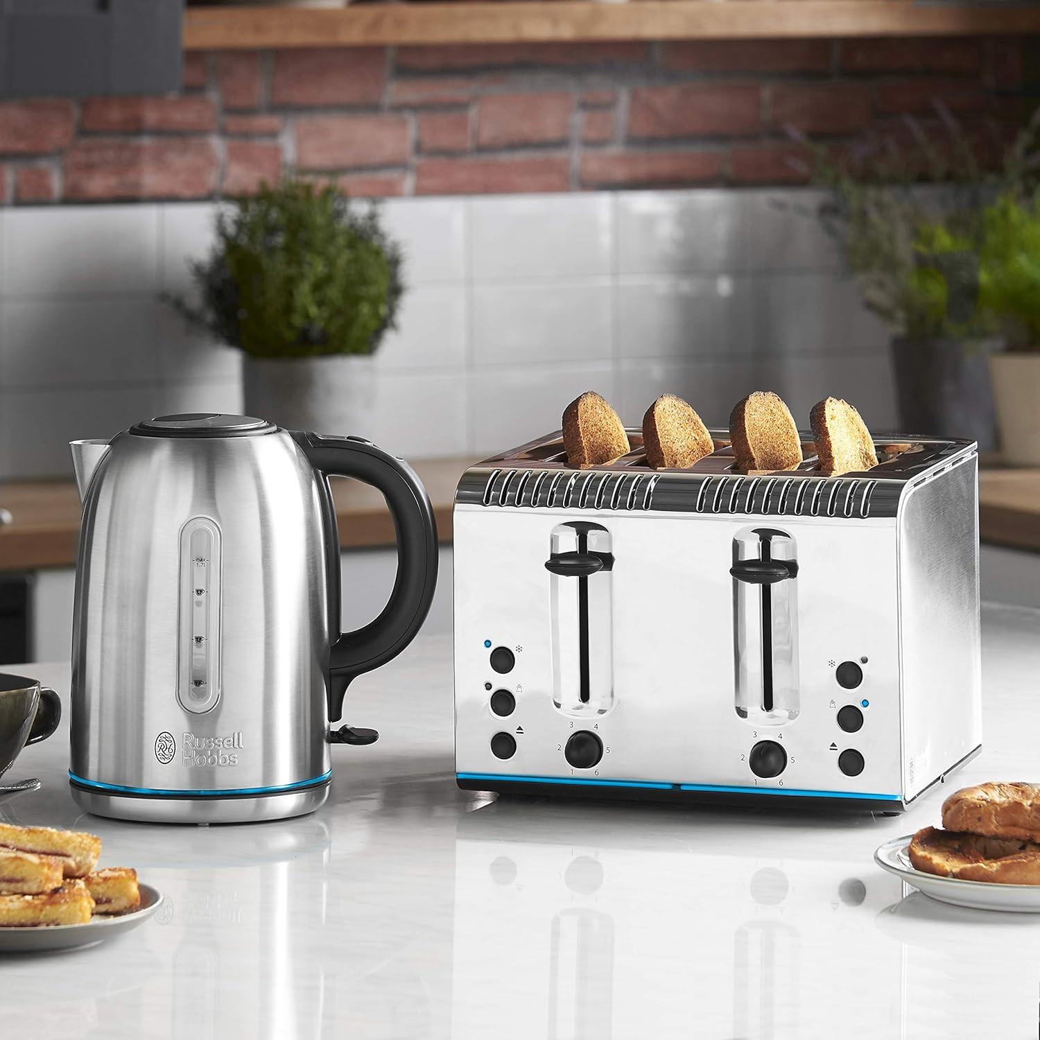 Stainless steel 4-slice toaster with four slices of bread on display