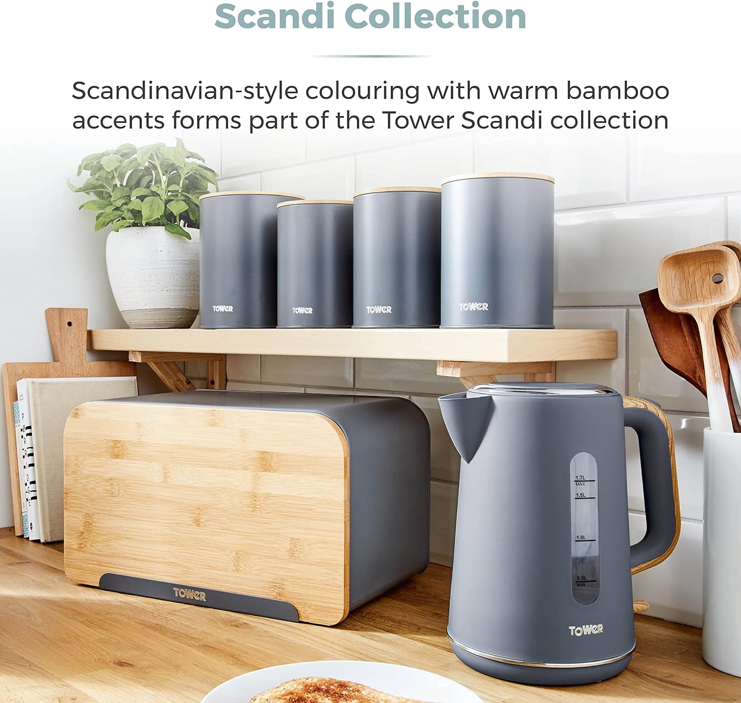 Tower Scandi 5 Piece Bamboo Storage Set with Bread Bin, Biscuit Barrel & Canisters - T826140GRY Grey 