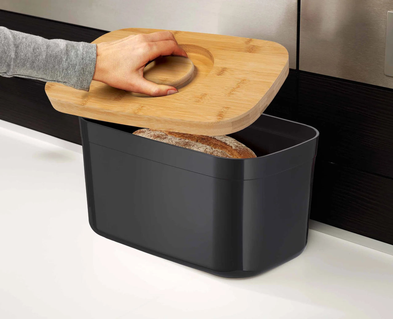 Joseph Joseph Black Bread Bin with Bamboo Chopping Board Lid 81103 - Vibe Home