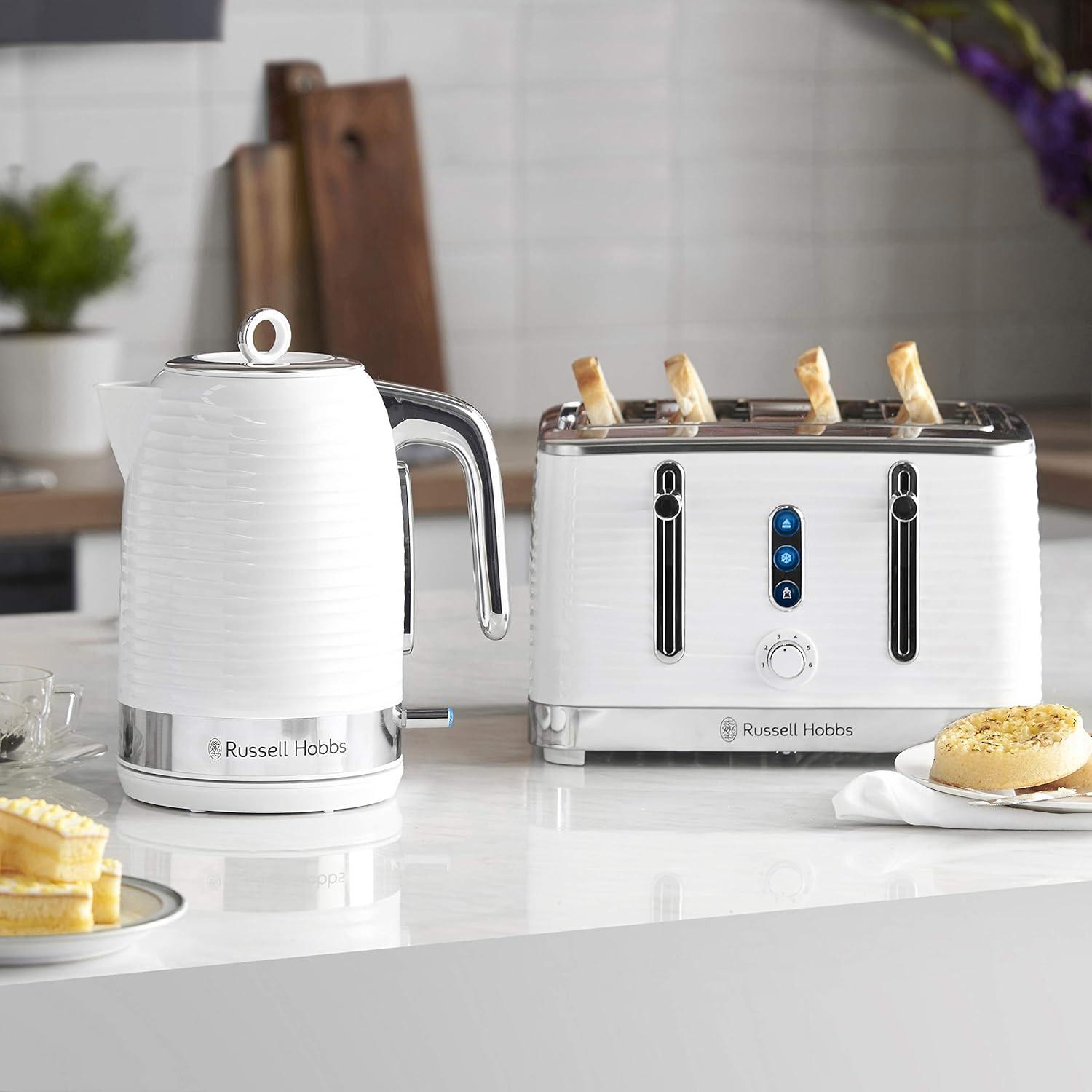 White 4-slice toaster with toast rising and blue indicator lights, Russell Hobbs