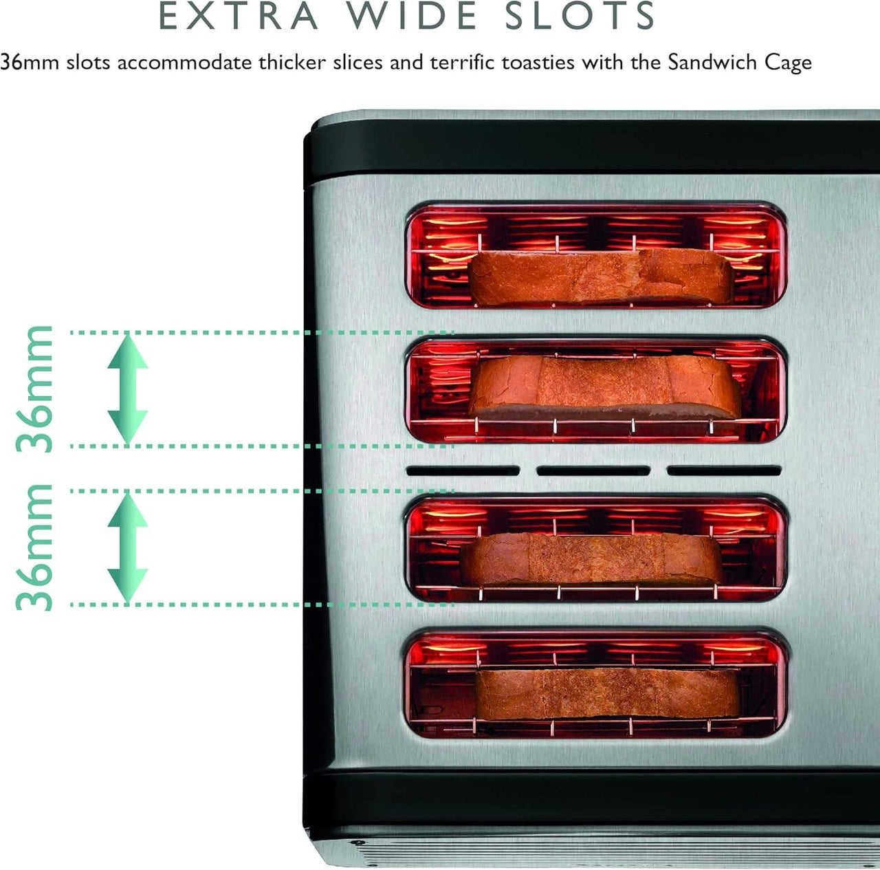 4-slice toaster with four glowing heating slots and toasted bread inside