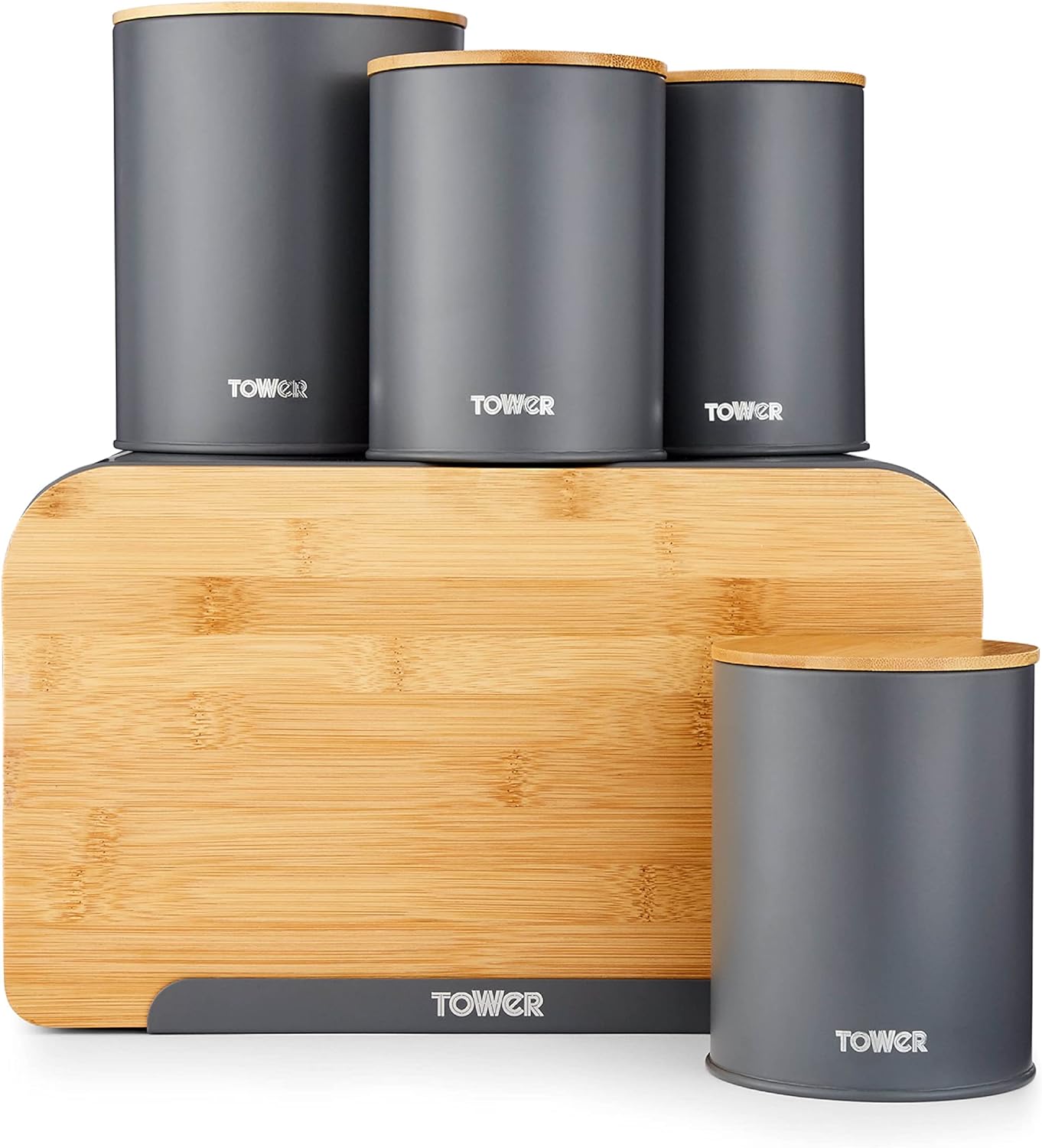 Tower Scandi 5 Piece Bamboo Storage Set with Bread Bin, Biscuit Barrel & Canisters - T826140GRY Grey 