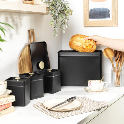 Salter Alchemy Kettle, 4 Slice Toaster, Bread Bin & Canisters Kitchen Set (Black/Gold)