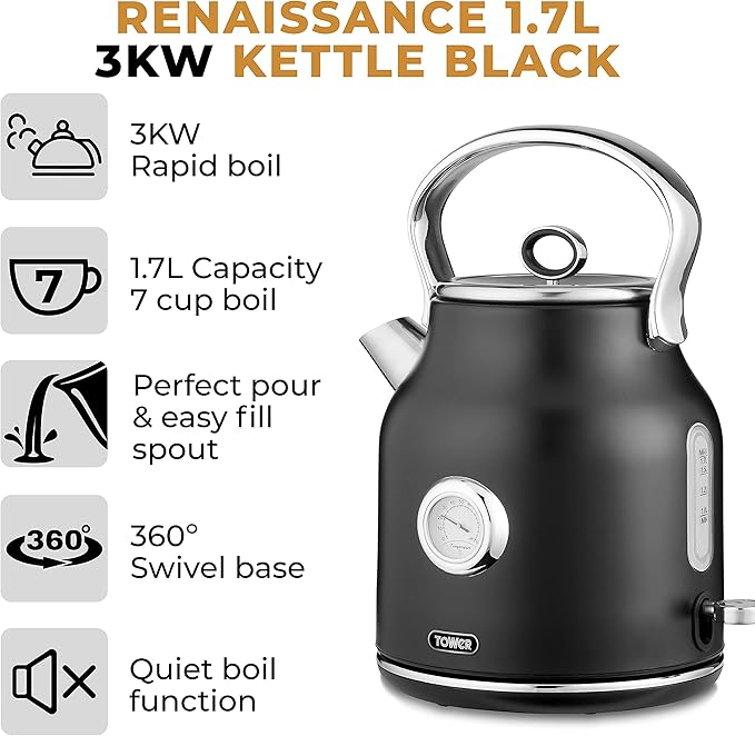 Tower Renaissance Kettle, 4 Slice Toaster & Canisters Kitchen Set (Black)