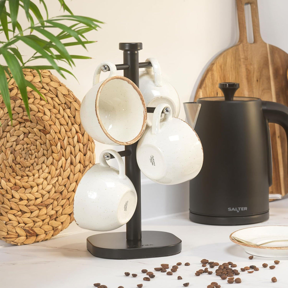 Salter Kuro Kettle, 4 Slice Toaster, Towel Pole & Mug Tree Kitchen Set (Matte Black)