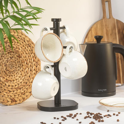 Salter Kuro Kettle, 4 Slice Toaster, Towel Pole & Mug Tree Kitchen Set (Matte Black)