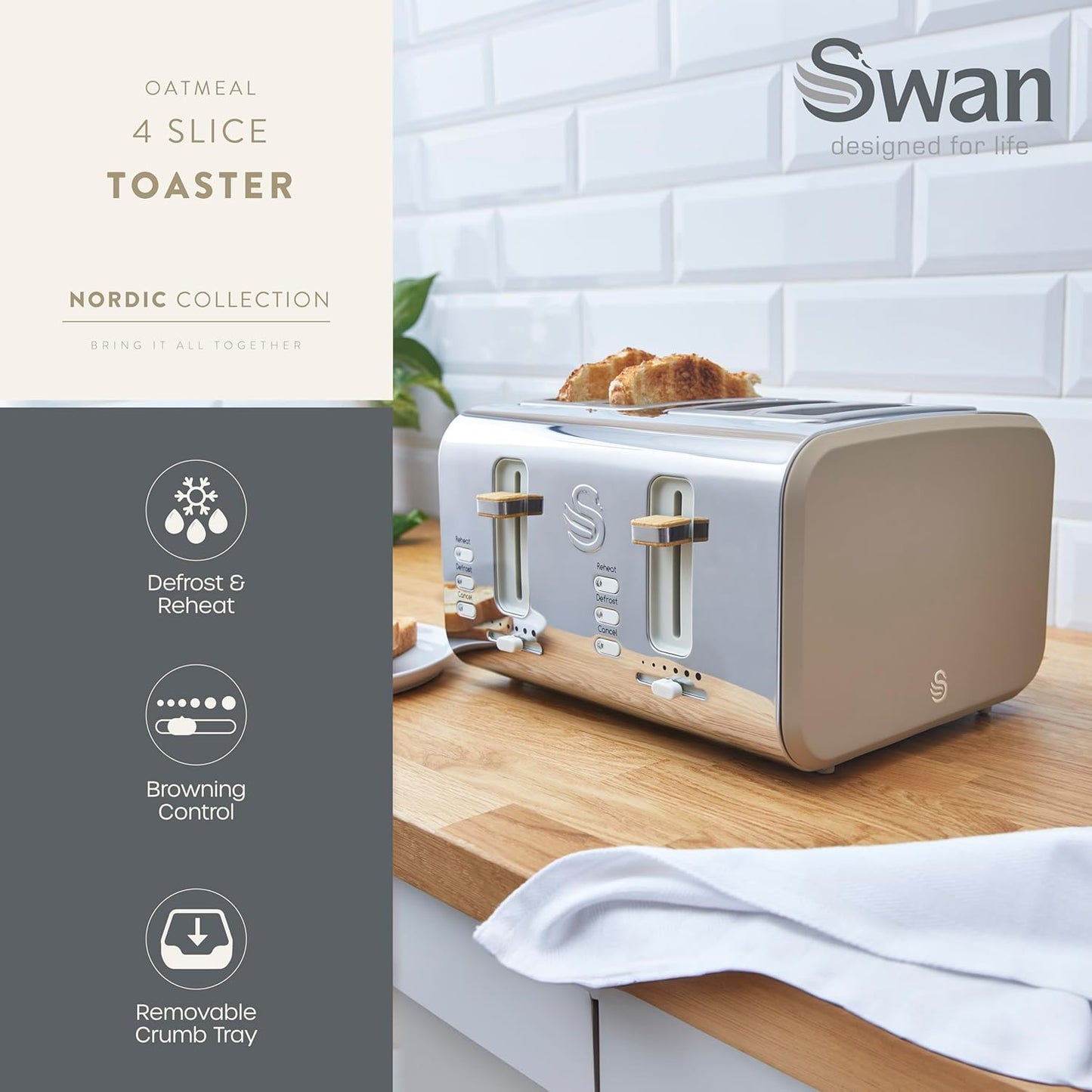 Swan Nordic 4 Slice Toaster with Wood Effect Accents ST14620OAT (Oatmeal)