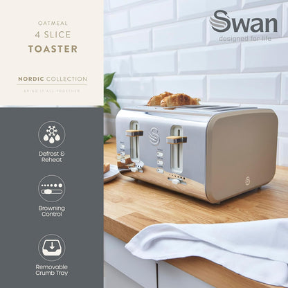 Swan Nordic Kettle & 4 Slice Toaster Kitchen Set Wood Accents (Oatmeal)