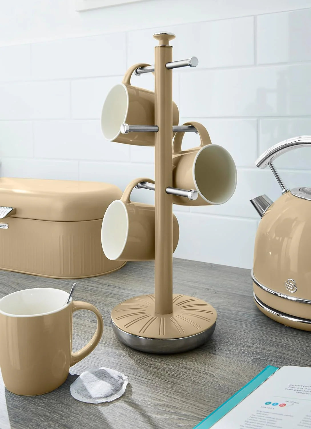 Swan Retro Kettle, 2 Slice Toaster, Bread Bin, Canisters, Mug Tree & Towel Pole Kitchen Set (Cream)