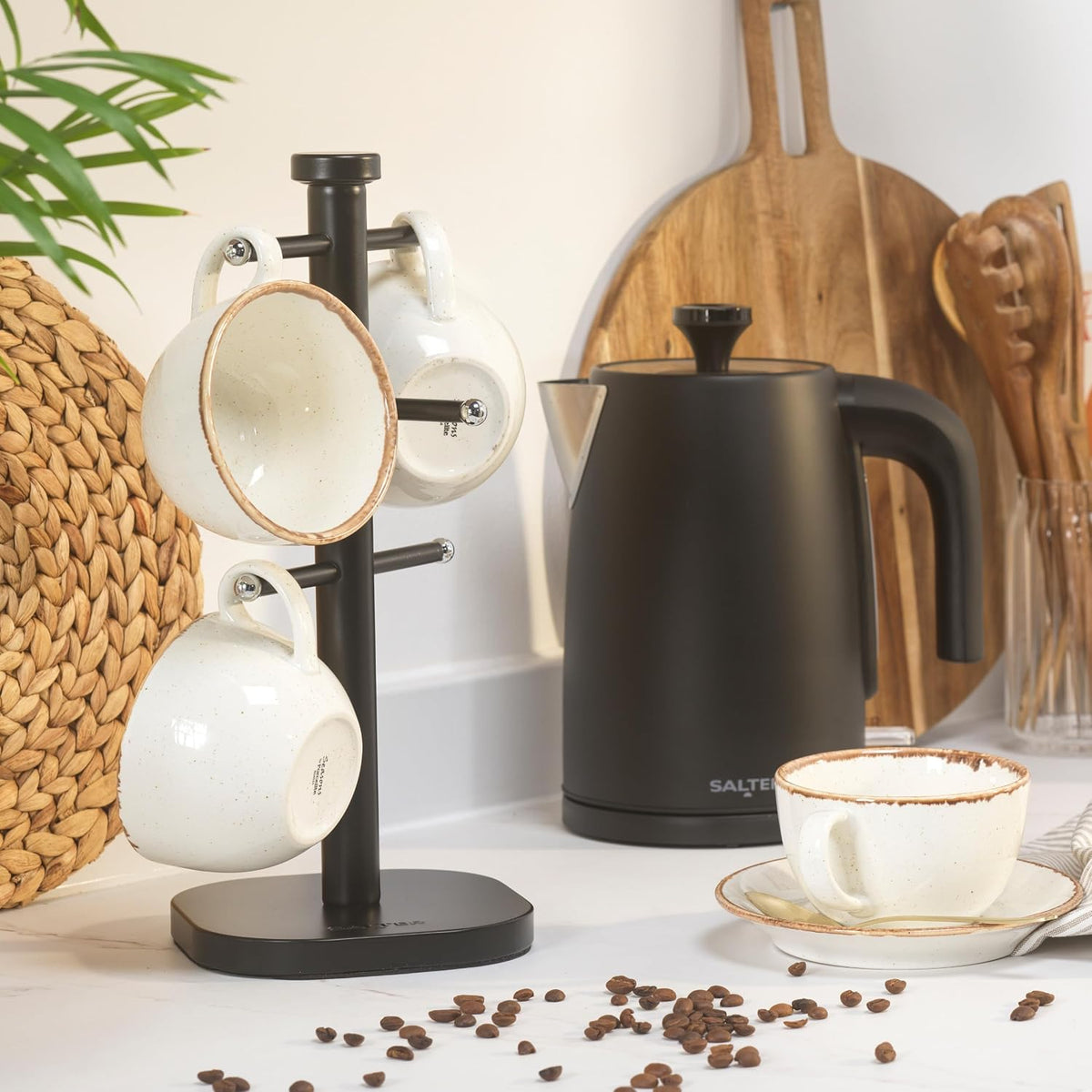 Salter Kuro Kettle, 4 Slice Toaster, Bread Bin, Canisters, Towel Pole & Mug Tree Set (Matte Black)