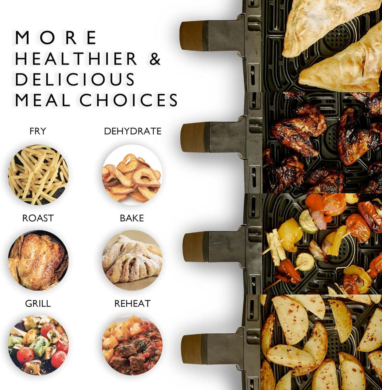 Black Dualit air fryer with open basket of cooked vegetables and potatoes.