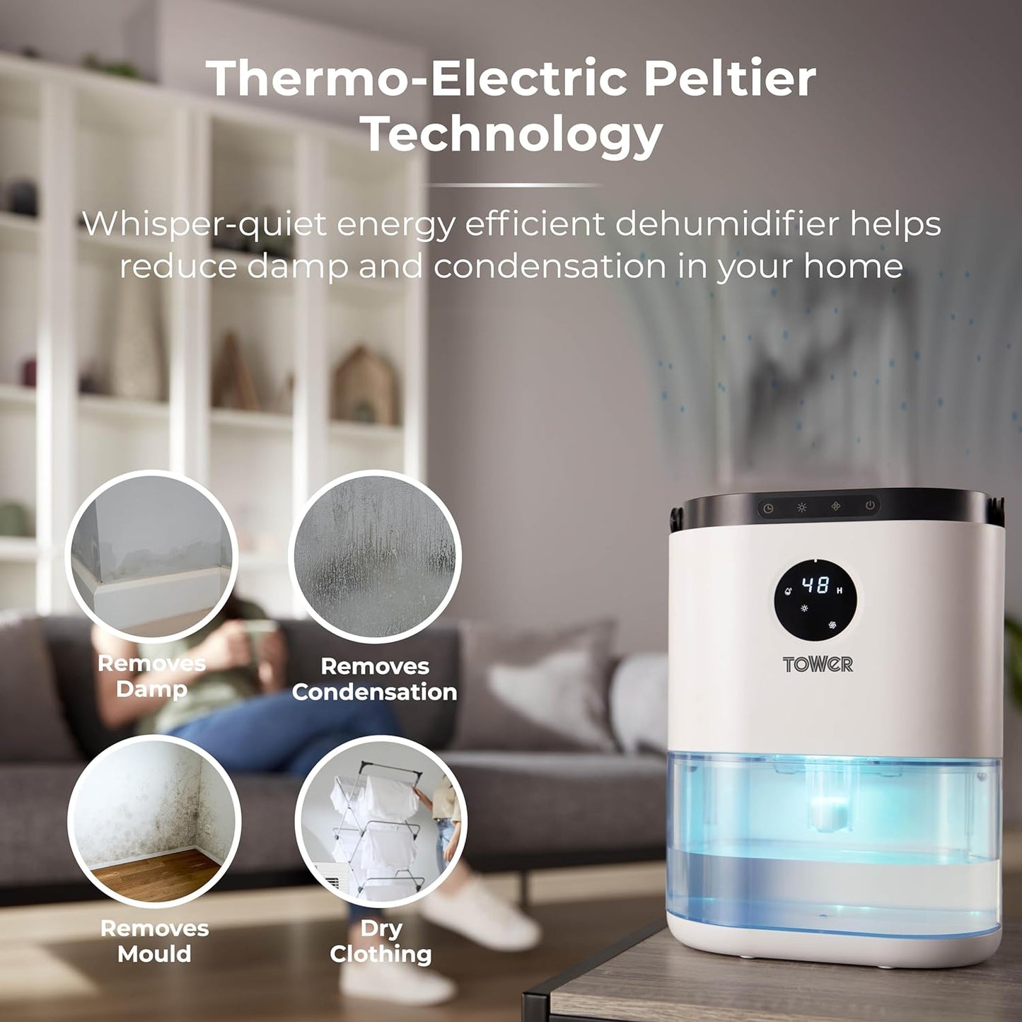 Tower T674005 2.3L Dehumidifier, 3 Modes, Adjustable Humidity, 450ml Dehumidification 48 Hour Timer, White