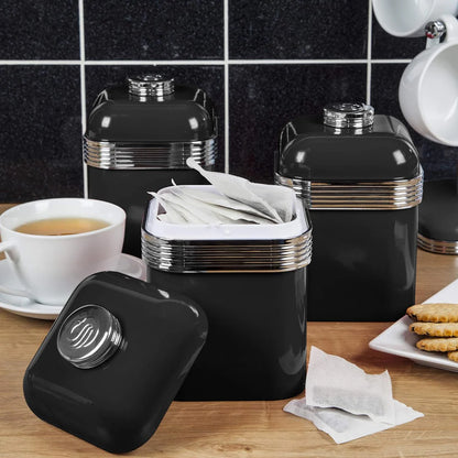 Swan Retro Black Kitchen Set - Kettle, 2 Slice Toaster, Bread Bin, Canisters