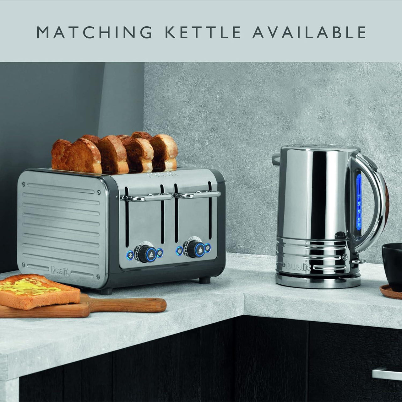 Grey Dualit 4-slice toaster on countertop with four toasting slots