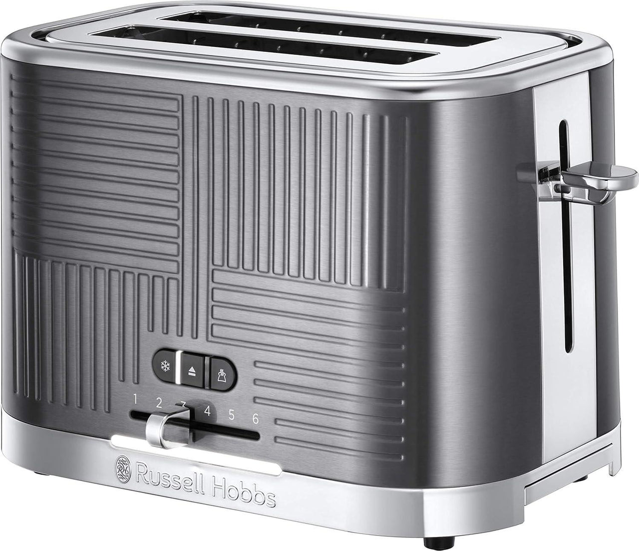 Grey 2-slice toaster with stainless steel top and lever, Russell Hobbs Geo Steel