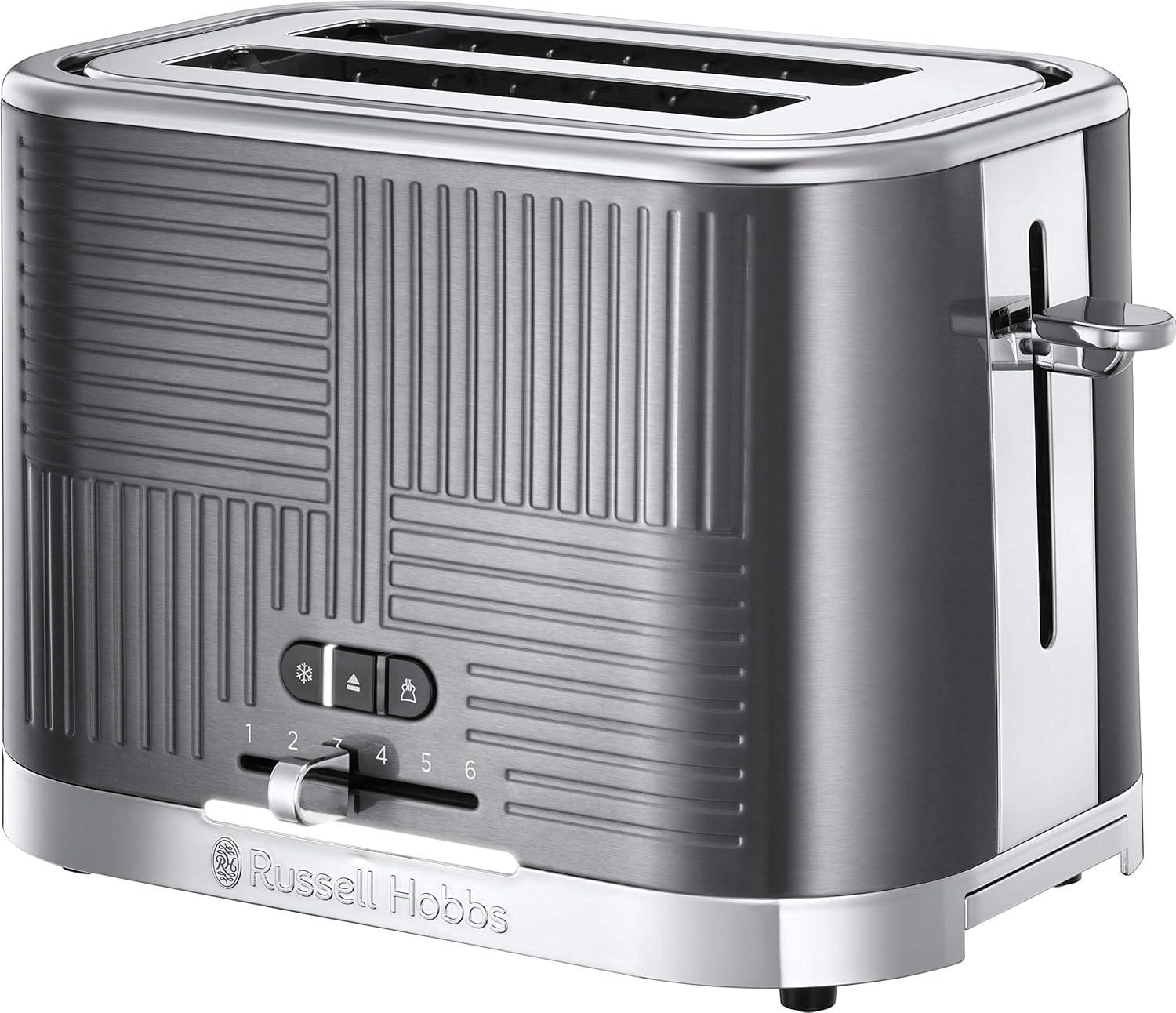 Grey 2-slice toaster with stainless steel top and lever, Russell Hobbs Geo Steel