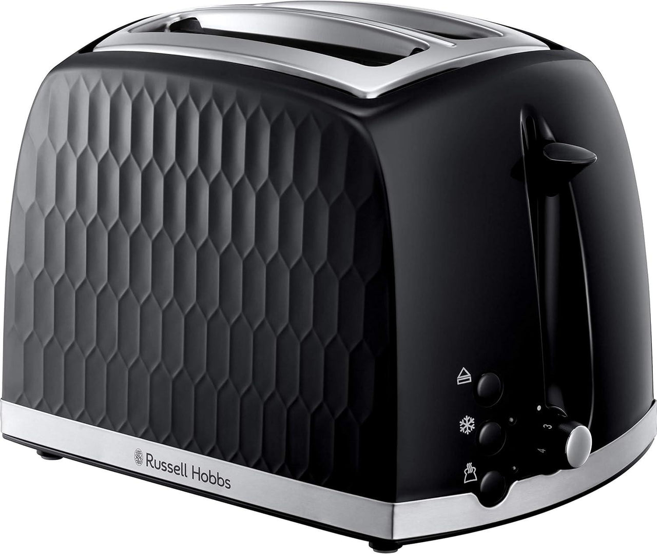 Black 2-slice toaster with honeycomb front panel and chrome top trim