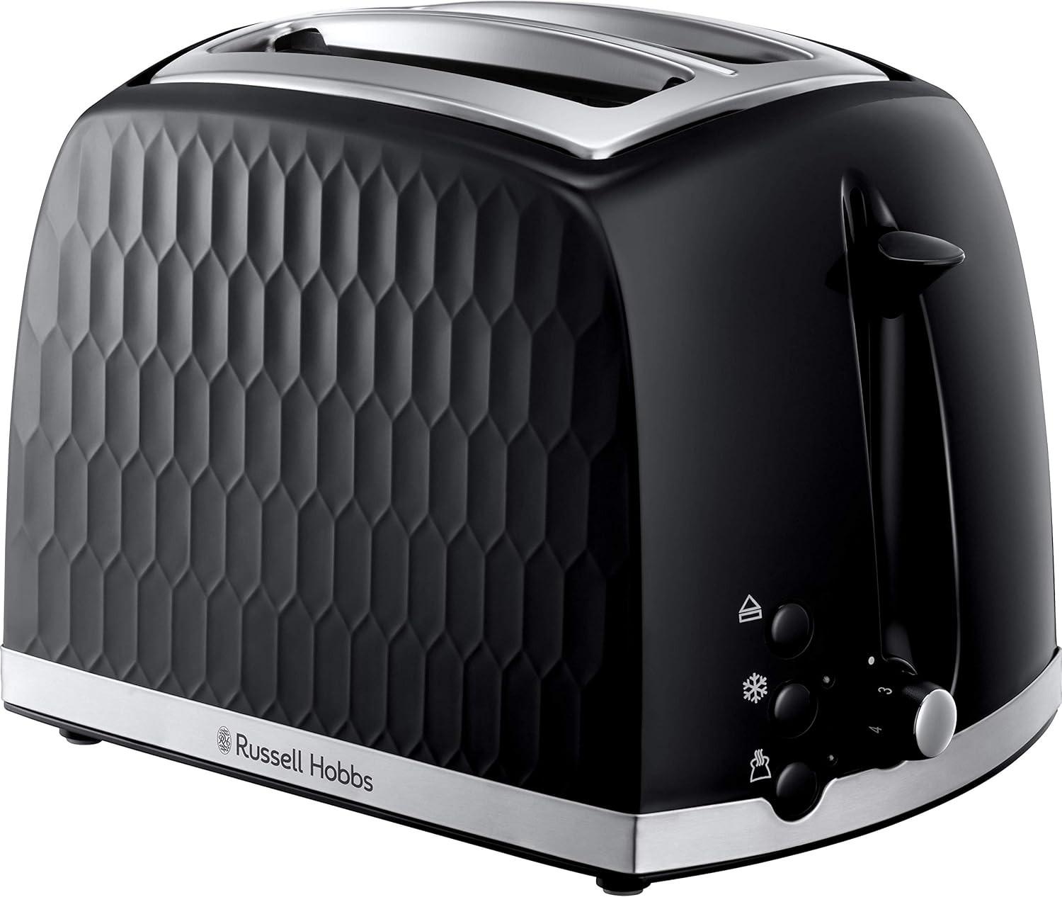 Black 2-slice toaster with honeycomb front panel and chrome top trim