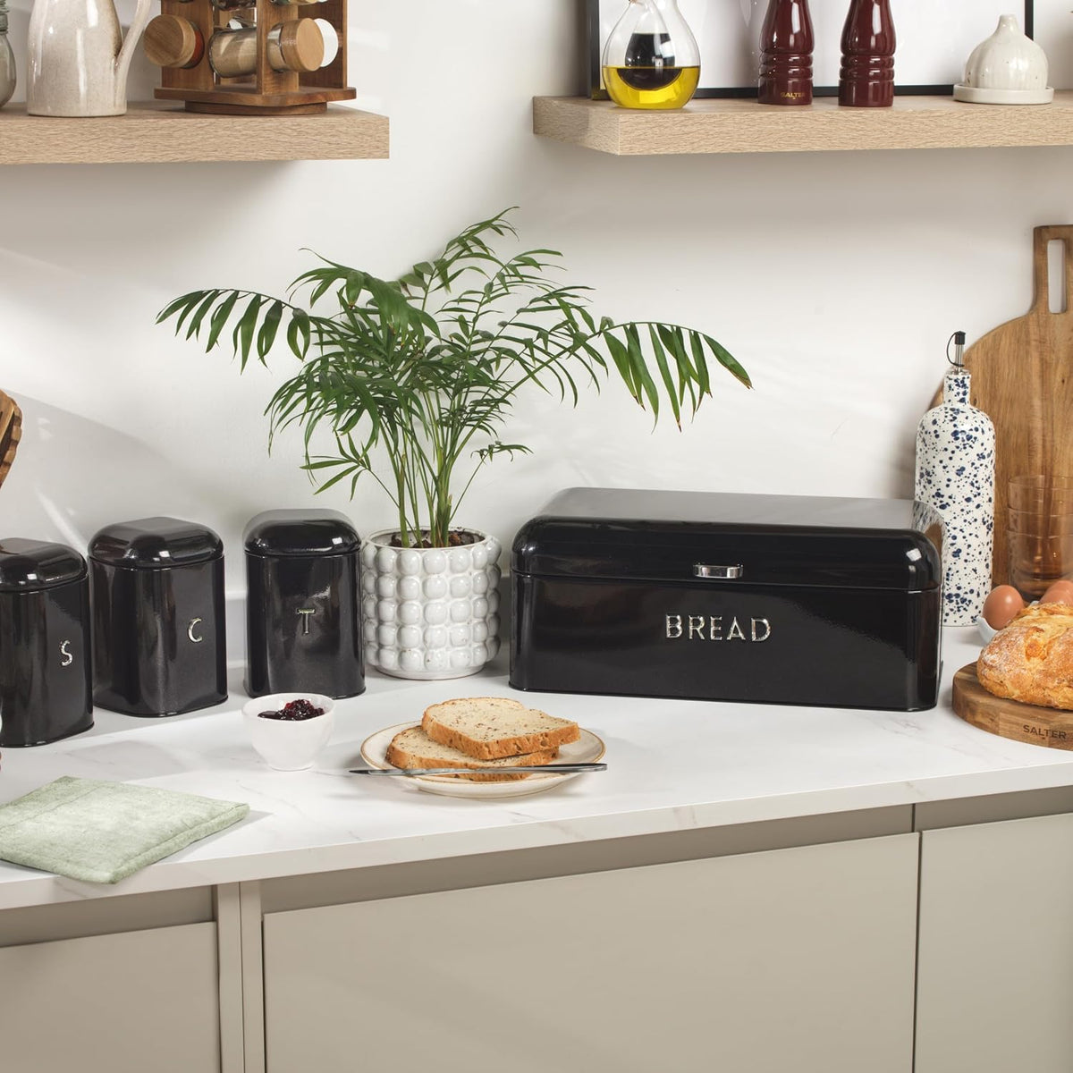Salter Boston Kettle, 4 Slice Toaster, Bread Bin & Canisters Kitchen Set (Black)