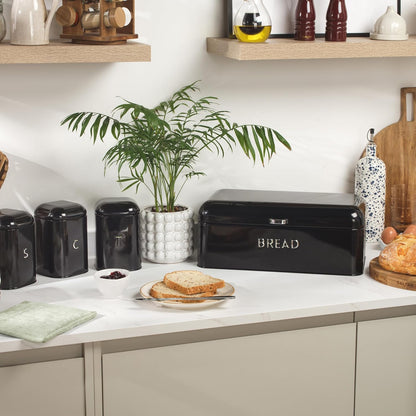 Salter Boston Kettle, 4 Slice Toaster, Bread Bin & Canisters Kitchen Set (Black)