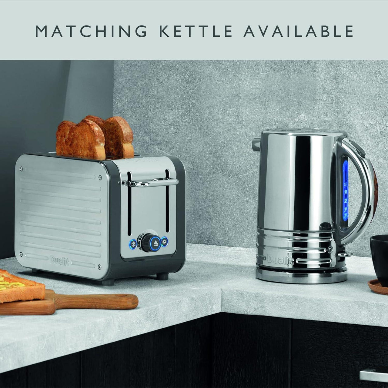 Grey Dualit Architect 2-slice toaster with lever, dials, and dual bread slots