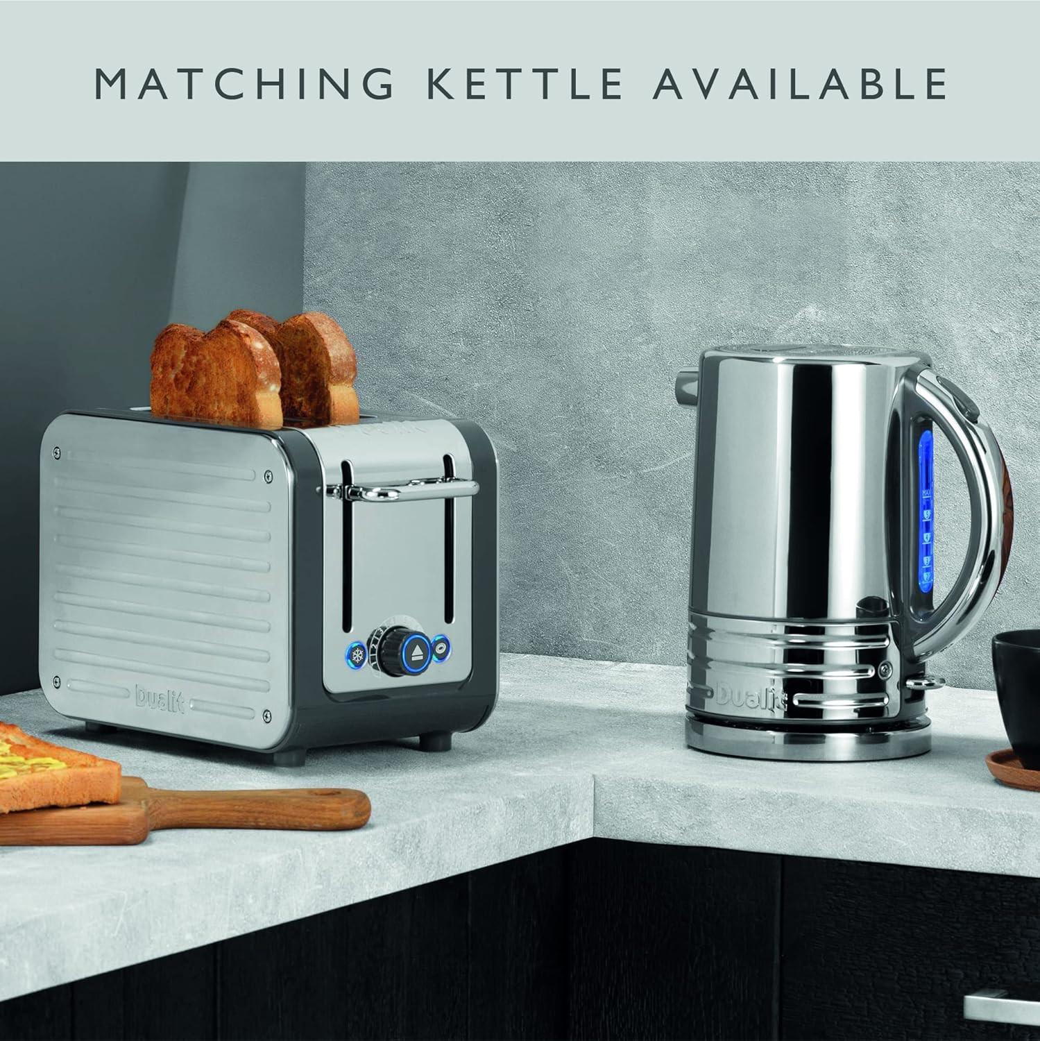 Grey Dualit Architect 2-slice toaster with lever, dials, and dual bread slots
