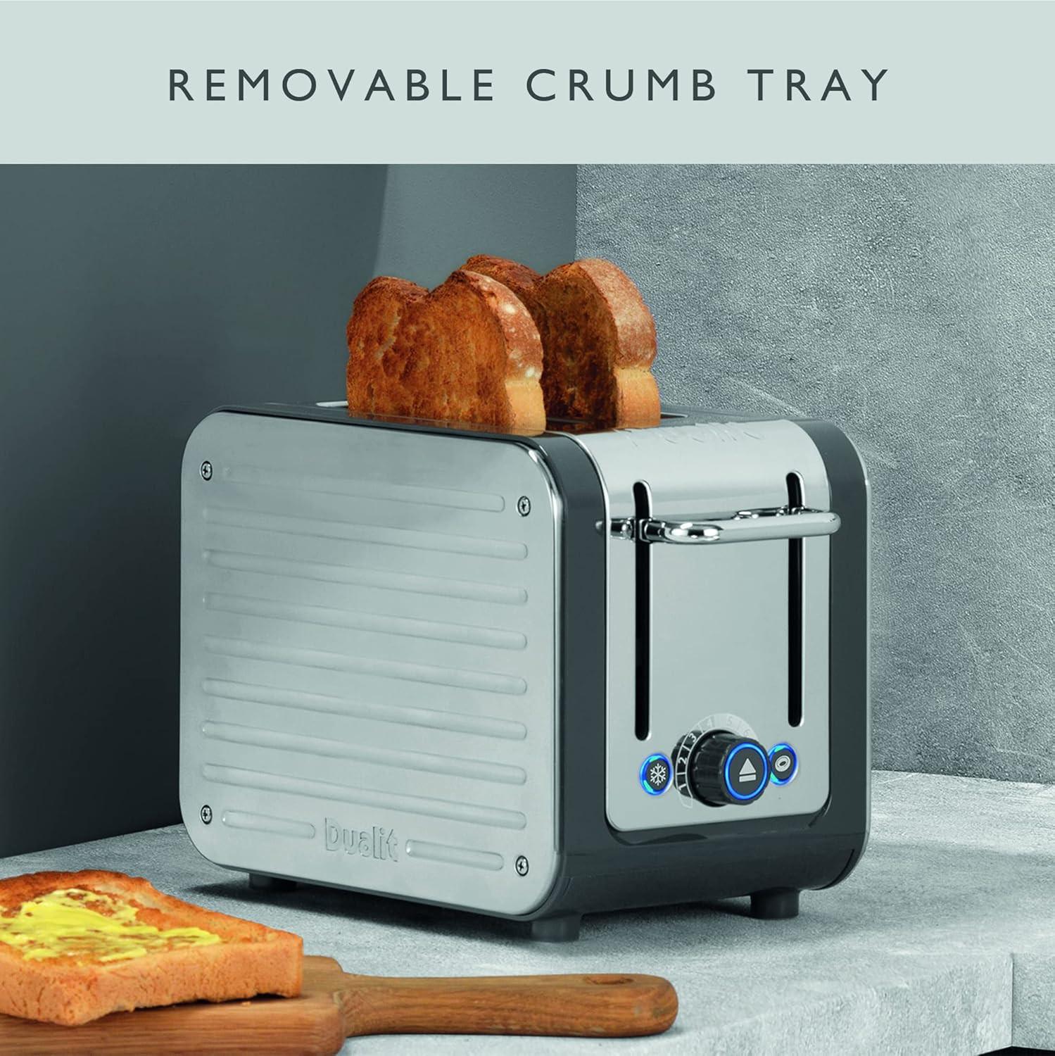 Grey Dualit Architect 2-slice toaster with removable crumb tray and control panel