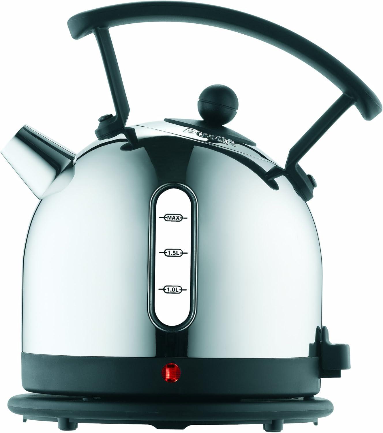 Electric kettle with black handle, silver body, and water-level indicator panel