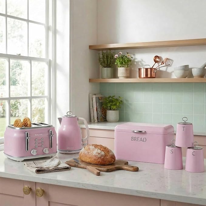 Salter Salter Retro Kettle, 2 Slice Toaster & Canisters Kitchen Set (Pink)