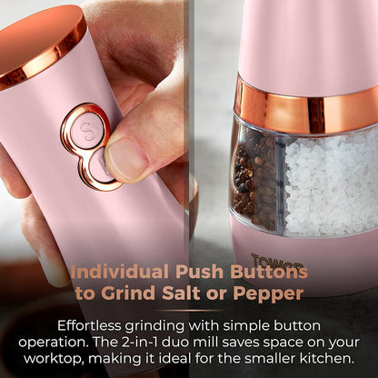 Tower T847004PNK Electric Salt and Pepper Mills, Battery Operated with Adjustable Ceramic Grinders, Pink and Rose Gold