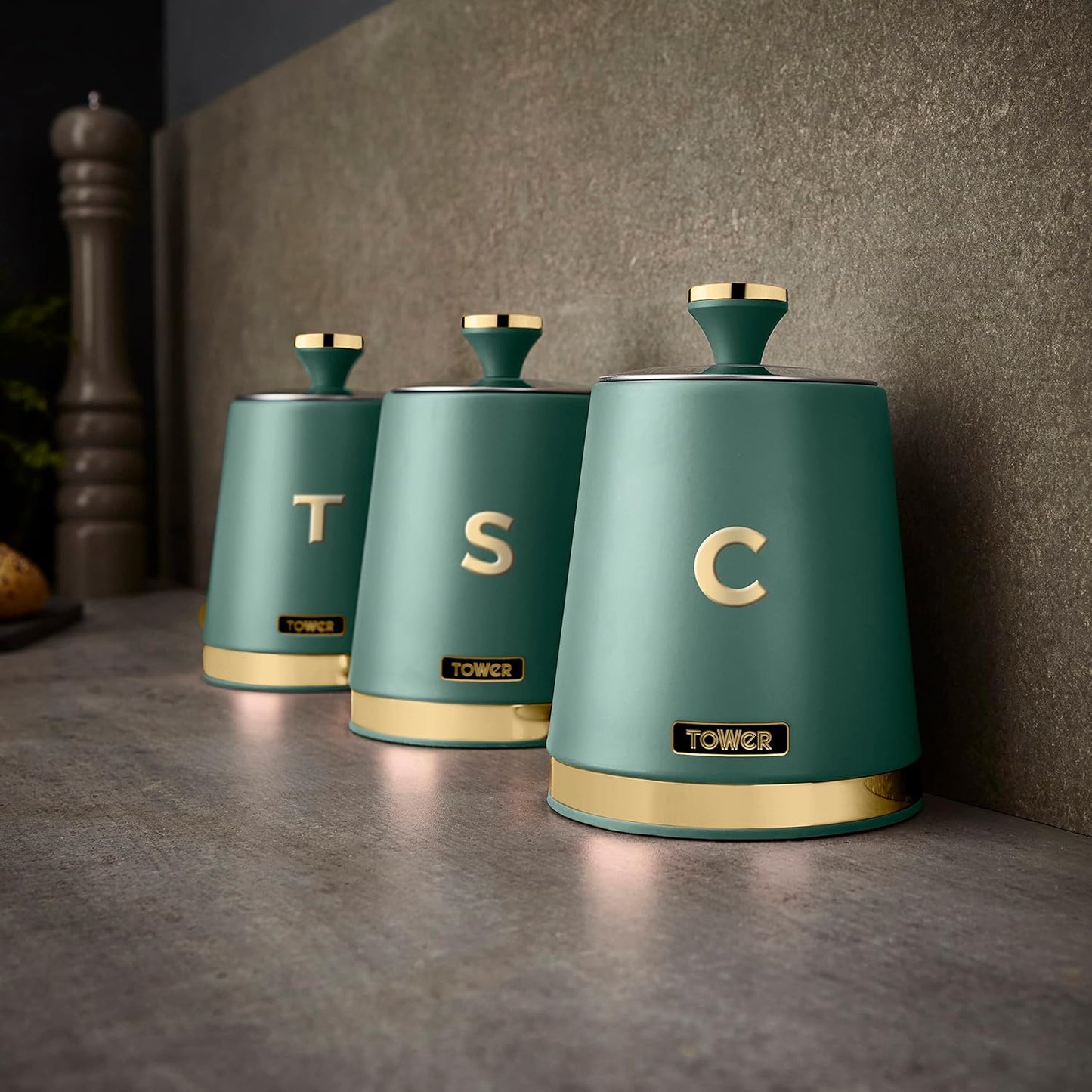 Tower Cavaletto Jade Green Canisters, Towel Pole & Mug Tree Kitchen Set